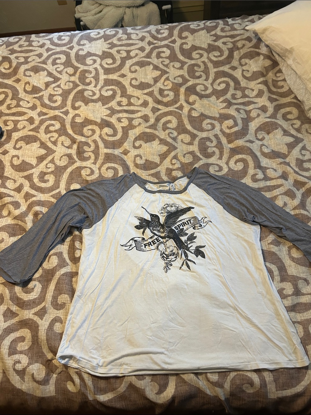 Hanes Women's Long Sleeve Raglan Tee White and Gray "Free Spirit" Graphic